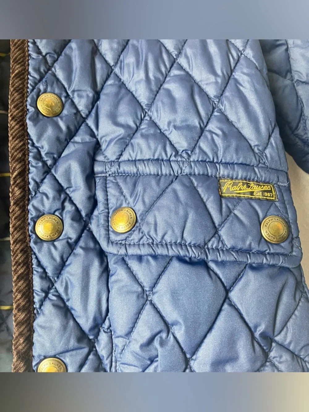 Ralph Lauren Navy Quilted Preppy Barn Jacket Brown Corduroy Trim Plaid Lining 3